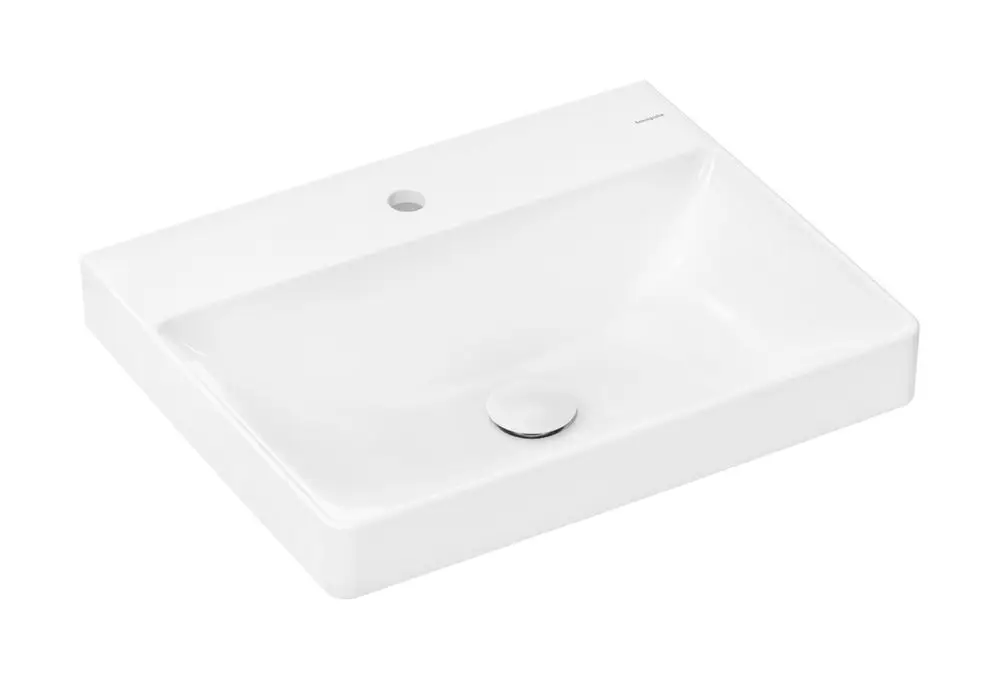 Weißer waschbeckenartiger Waschbecken von Hansgrohe mit einem Hahnloch, ohne Überlauf und einer glatten Oberfläche für einfache Reinigung.